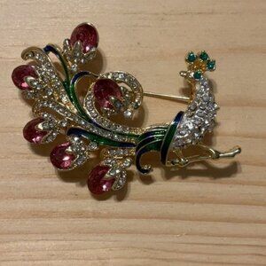 Gold-Tone Peacock Brooch With Multicolor Rhinestones & Green Enamel